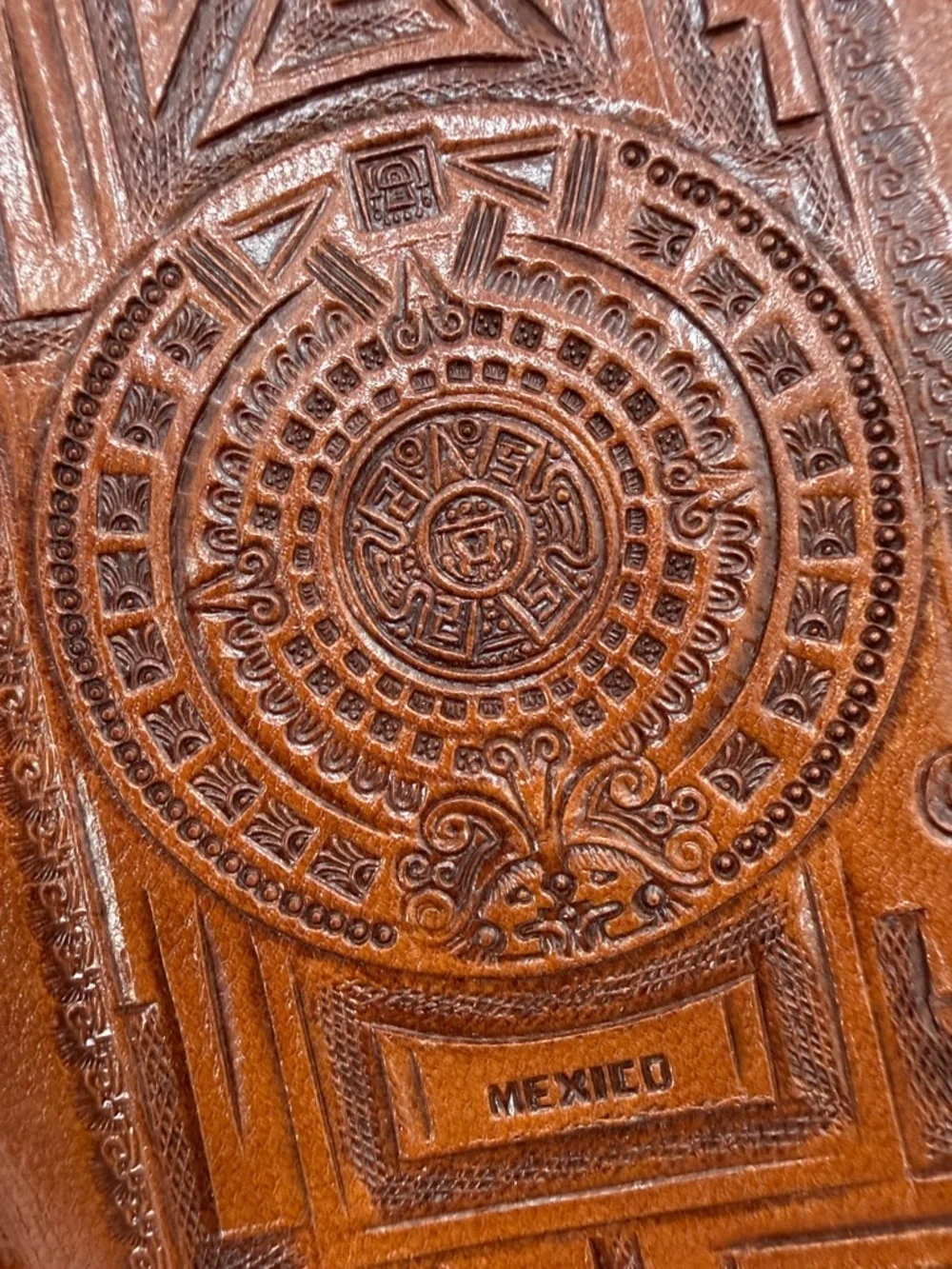 Wallet Vintage CASA ARVE Mexico Tooled Leather Wallet, Aztec Calendar Design